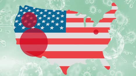 Animation-of-usa-map-coloured-with-american-flag-over-coronavirus-cells-on-green-background