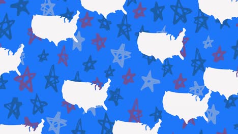 Animation-Von-Silhouetten-Der-US-Karte,-Die-Sich-über-Sternen-Auf-Blauem-Hintergrund-Bewegen