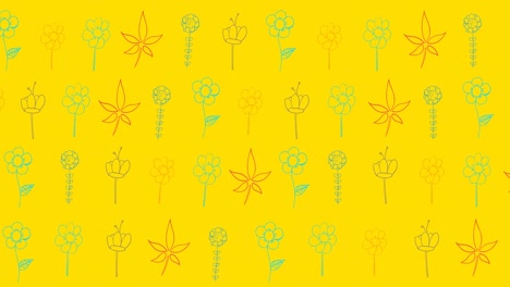 Animation-of-multiple-red-and-green-flowers-moving-over-yellow-background