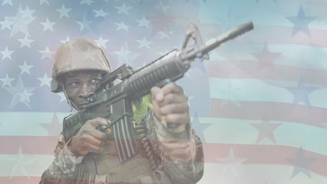 Animation-Eines-Amerikanischen-Soldaten-über-Schwebender-Amerikanischer-Flagge