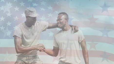 Animation-of-male-soldier-embracing-smiling-son-over-american-flag