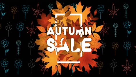 Animation-of-autumn-sale-text-over-leaves-and-flowers-moving-in-hypnotic-motion