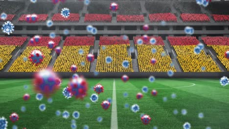 Animation-of-covid-19-cells-over-german-flag-in-empty-sports-stadium