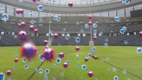 Animation-of-covid-19-cells-over-empty-rugby-pitch-sports-stadium