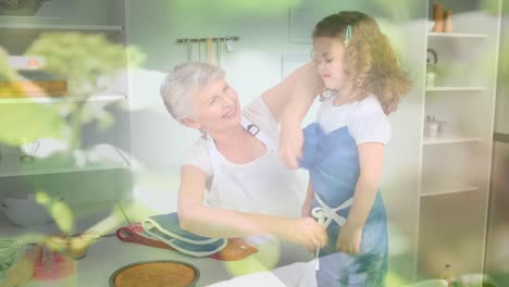 Animation-of-glowing-light-over-senior-woman-with-granddaughter-in-kitchen
