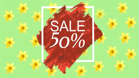 Animation-of-sale-50-percent-text-over-red-smudges-and-flowers-moving-in-hypnotic-motion