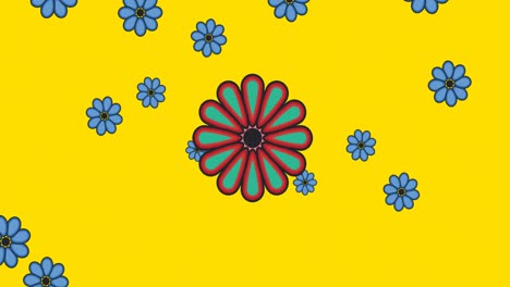 Animation-of-multiple-flowers-moving-over-yellow-background
