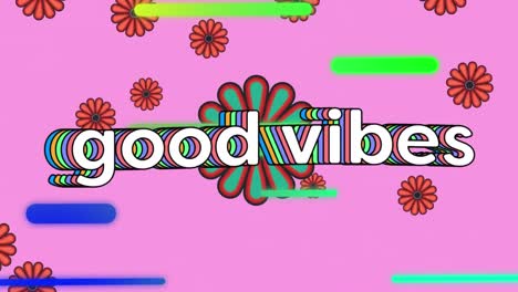 Animation-Von-Good-Vibes-Text-über-Streifen-Und-Blumen,-Die-Sich-In-Hypnotischer-Bewegung-Bewegen