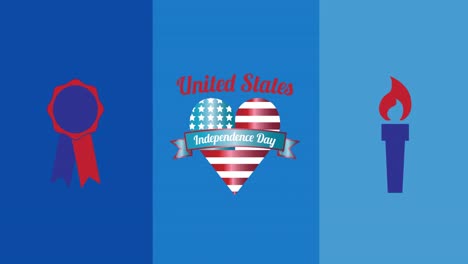 Happy-independence-day-text-over-badge-and-fire-torch-icons-against-blue-background