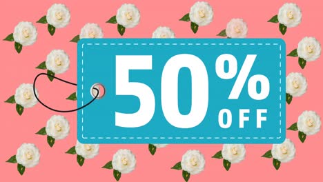 Animation-of-50-percent-off-text-on-blue-tag-over-flowers-moving-in-hypnotic-motion