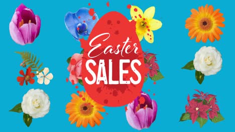 Animation-of-easter-sales-text-over-red-easter-egg-and-flowers-moving-in-hypnotic-motion