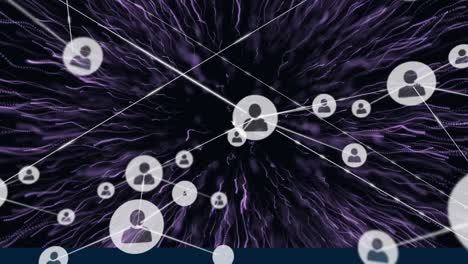 Animation-of-network-of-connections-with-people-icons-over-glowing-purple-light-trails