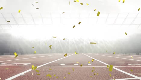 Digital-animation-of-golden-confetti-falling-against-sports-stadium-in-background