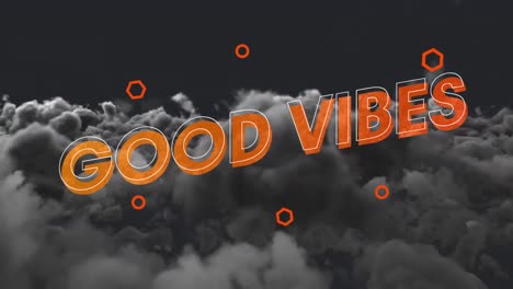 Animation-of-good-vibes-text-with-orange-shapes-over-clouds-in-background