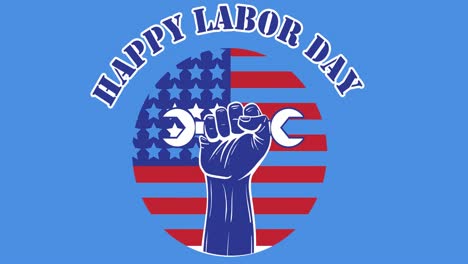 Happy-Labor-Day-Text-Und-Hand,-Die-Ein-Werkzeug-über-Die-Amerikanische-Flagge-Vor-Blauem-Hintergrund-Hält