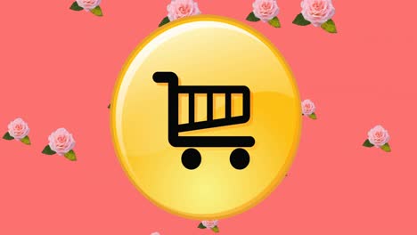 Animation-of-online-shopping-trolley-icon-over-flowers-moving-in-hypnotic-motion