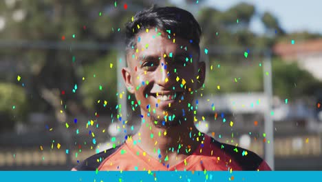 Animation-of-confetti-falling-over-smiling-football-player