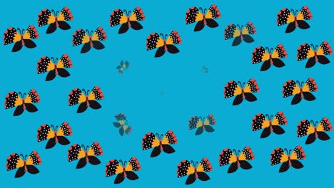 Animation-of-multiple-colourful-butterflies-moving-over-blue-background