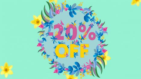 Animation-of-20-percent-off-text-over-flowers-moving-in-hypnotic-motion