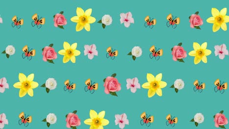 Animation-Mehrerer-Blumen,-Die-Sich-über-Grünen-Hintergrund-Bewegen