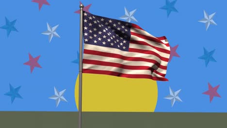 Schwenkende-Amerikanische-Flagge-über-Gelbem-Rundem-Banner-Vor-Mehreren-Bunten-Sternen-Auf-Blauem-Hintergrund