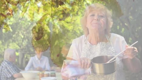 Animation-of-glowing-lights-over-senior-woman-cooking-and-trees-in-background