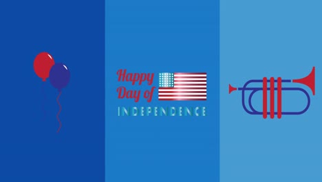 Fröhlicher-Text-Zum-Unabhängigkeitstag-über-Luftballons-Und-Trompetensymbolen-Vor-Blauem-Hintergrund