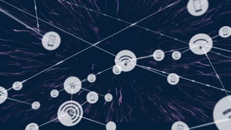 Animation-of-network-of-connections-with-icons-over-glowing-purple-light-trails