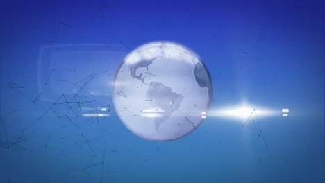 Animation-of-globe-spinning-with-networks-of-connections-on-blue-background
