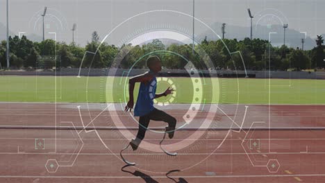 Animation-of-data-processing-over-disabled-male-athlete-with-running-blades-on-racing-track