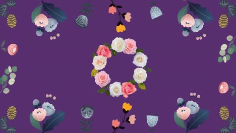 Animation-Von-Blumen,-Die-Sich-In-Hypnotischer-Bewegung-Auf-Violettem-Hintergrund-Bewegen