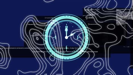 Animation-of-clock-moving-fast-and-data-processing-with-topographic-map-lines-on-blue-background