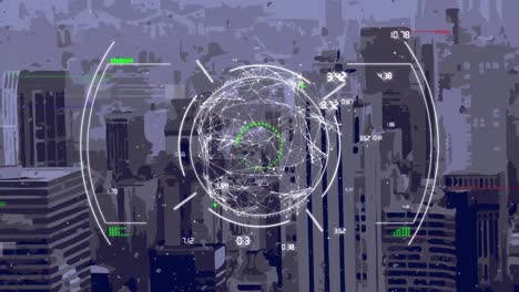 Animation-of-scope-scanning-with-globe-and-network-of-connections-over-cityscape