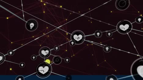 Animation-of-network-of-connections-with-heart-icons-on-black-background