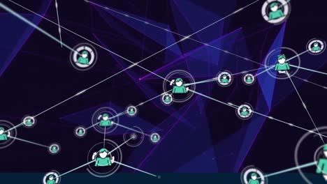 Animation-of-network-of-connections-with-people-icons-over-glowing-purple-mesh