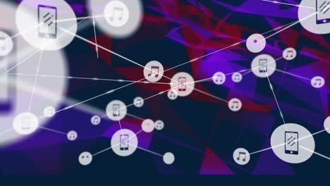 Animation-Eines-Netzwerks-Von-Verbindungen-Mit-Symbolen-über-Leuchtenden-Violetten-Lichtspuren