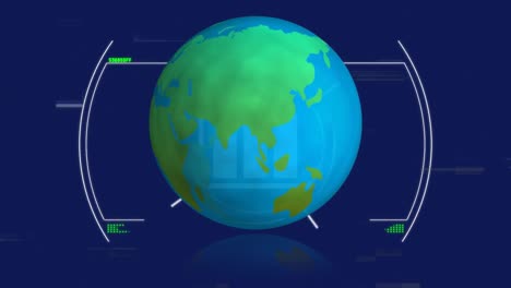 Animation-Der-Globusdrehung-Und-Datenverarbeitung-Auf-Blauem-Hintergrund