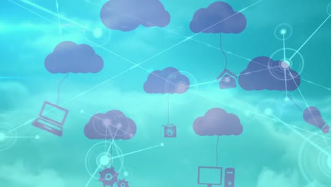 Animation-of-network-of-connections-with-digital-clouds-and-icons-over-sky