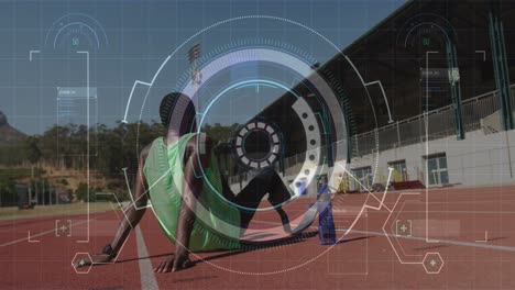 Animation-of-data-processing-over-disabled-male-athlete-on-racing-track