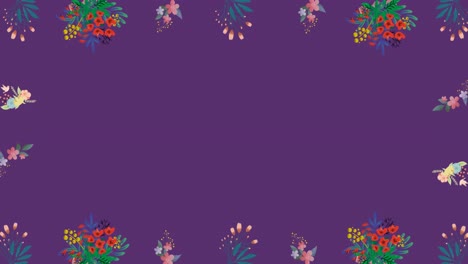 Animation-Von-Blumen,-Die-Sich-In-Hypnotischer-Bewegung-Auf-Violettem-Hintergrund-Bewegen