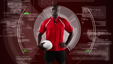 Animation-of-african-american-male-rugby-player-with-ball-over-digital-data-processing-on-screen
