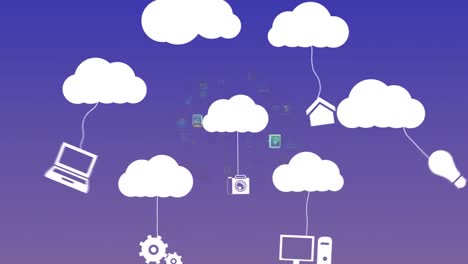 Animation-of-digital-clouds,-globe-spinning-and-network-of-connections-over-purple-background
