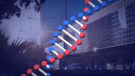 Animation-of-dna-strand-spinning-with-cityscape-and-network-of-connections