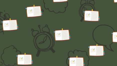 Animation-Wiederholt-Geöffneter-Notizbücher,-Die-Sich-Auf-Grünem-Hintergrund-Mit-Schwarzen-Uhren-Und-Sprechblasen-Bewegen