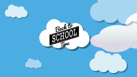 Animation-of-rocket-flying-across-black-back-2-school-time-text-on-white-cloud-in-blue-sky