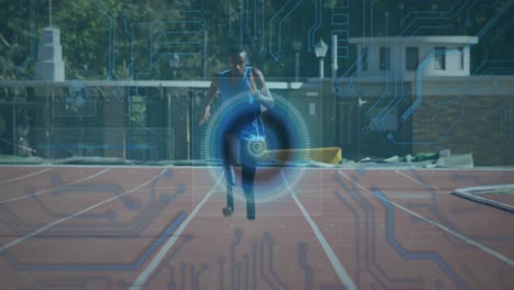 Animation-of-digital-data-processing-over-disabled-male-athlete-with-running-blades-on-running-track