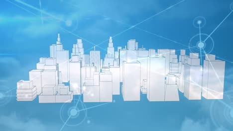 Animation-of-network-of-connections-over-cityscape-on-blue-background