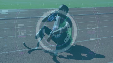 Animation-of-digital-data-processing-over-disabled-male-athlete-with-running-blades-drinking-water