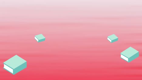 Animation-of-blue-books-floating-on-soft-pink-background