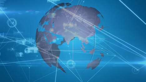 Animation-Von-Verbindungsnetzwerken-Mit-Statistikverarbeitung-über-Den-Globus-Auf-Blauem-Hintergrund